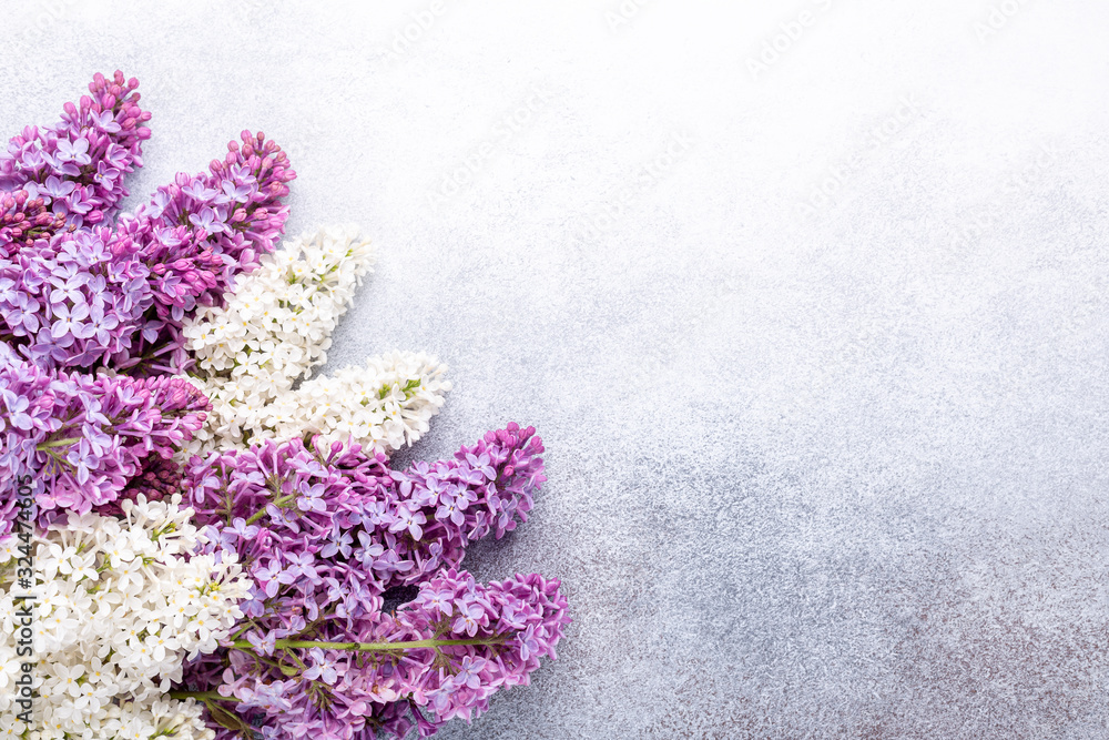 Spring mood. Brunches of beautiful purple and white lilacs on stone background. Mockup