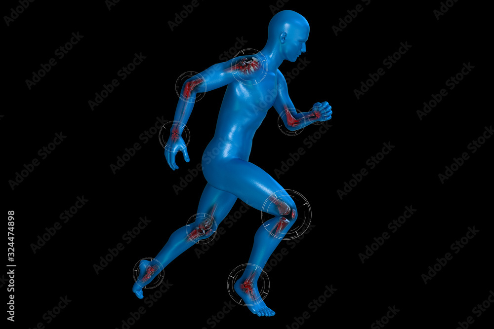 Joint pain in humans, anatomical vision. 3d illustration. Joint pain in humans, anatomical vision. 3d illustration.