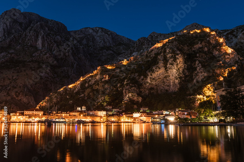 Town Kotor lights of city during the evening, Montenegro.