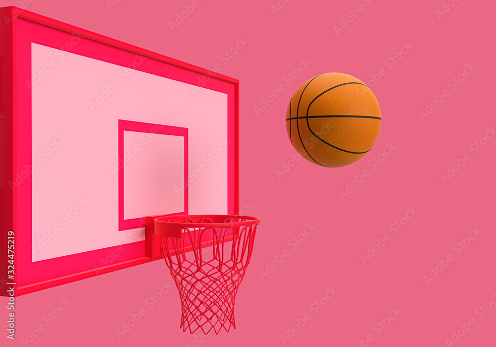 3d rendering of basketball hoop and basketball floating over the ring on pink background, 3d minimal concept