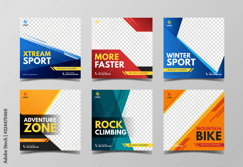 Sport social media post template. Adventure, mountain climbing and extreme sport banner - obrazy, fototapety, plakaty 
