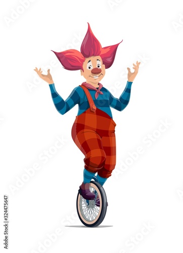 Clown balancing on unicycle wheel, circus and funfair carnival, vector performer. Clown in red wig performing juggling on bicycle wheel on big top circus arena