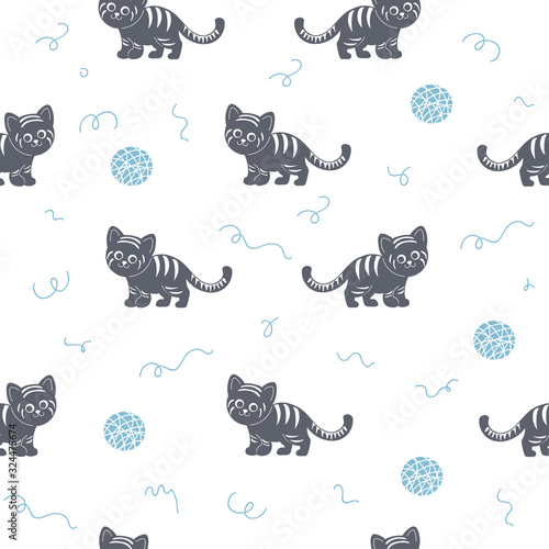 Vector seamless pattern with cute striped cat silhouettes.