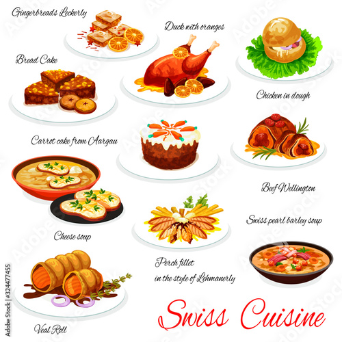 Fototapeta Naklejka Na Ścianę i Meble -  Swiss Christmas dishes of vector meat, fish, vegetable dessert. Beef Wellington, cheese soup and veal roll, gingerbread, duck with oranges and carrot cake, nut raisin bread, perch fillet, barley soup