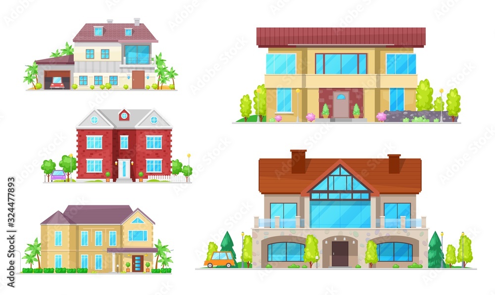 Building icons of vector houses, cottages and villas, real estate and architecture design. Village and town properties, house exteriors with windows, roofs and doors, garages, balconies and mansards