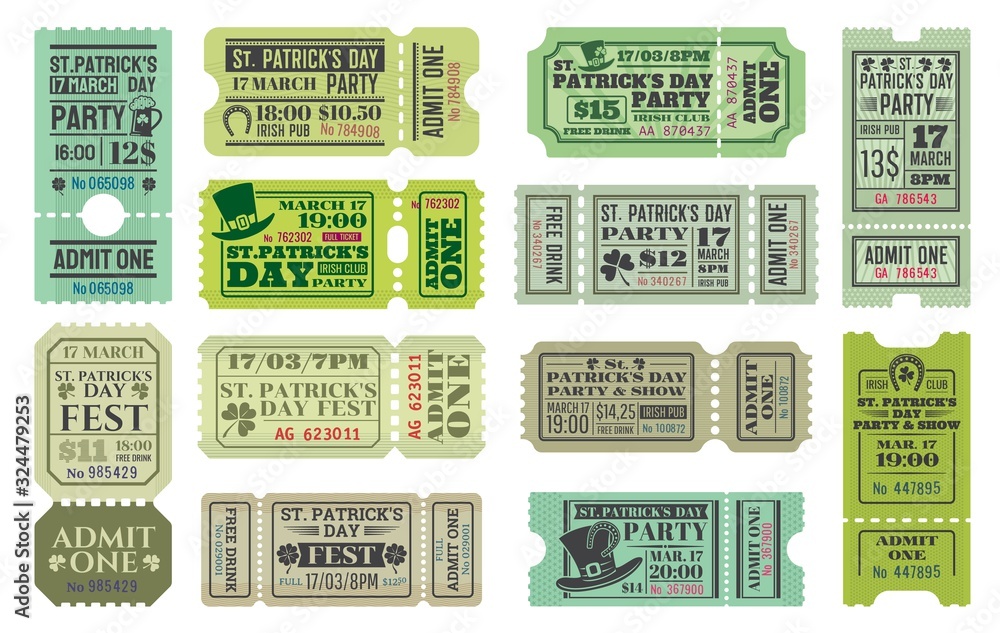 St Patricks Day party ticket vector templates of Irish pub religious holiday celebration. Admit one coupons with shamrock and green beer, leprechaun hats, lucky clover leaves and horseshoes - obrazy, fototapety, plakaty 