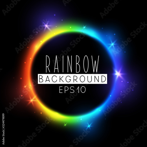 Bright rainbow neon circle on black background - vector shiny element for Your design