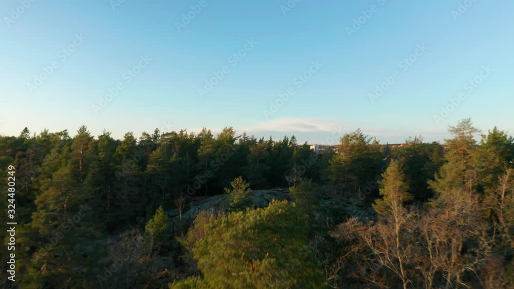 Drone flies forwards over forest on sunny day, Stockholm. Aerial footage of trees and buildings, Sweden. Drone flies forwards over forest on sunny day, Stockholm. Aerial footage of trees and buildings, Sweden.