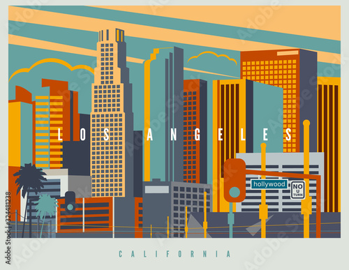 Downtown Los Angeles in vector. Cityscape of LA in retro style colors and stylization, vintage design illustration. California, USA