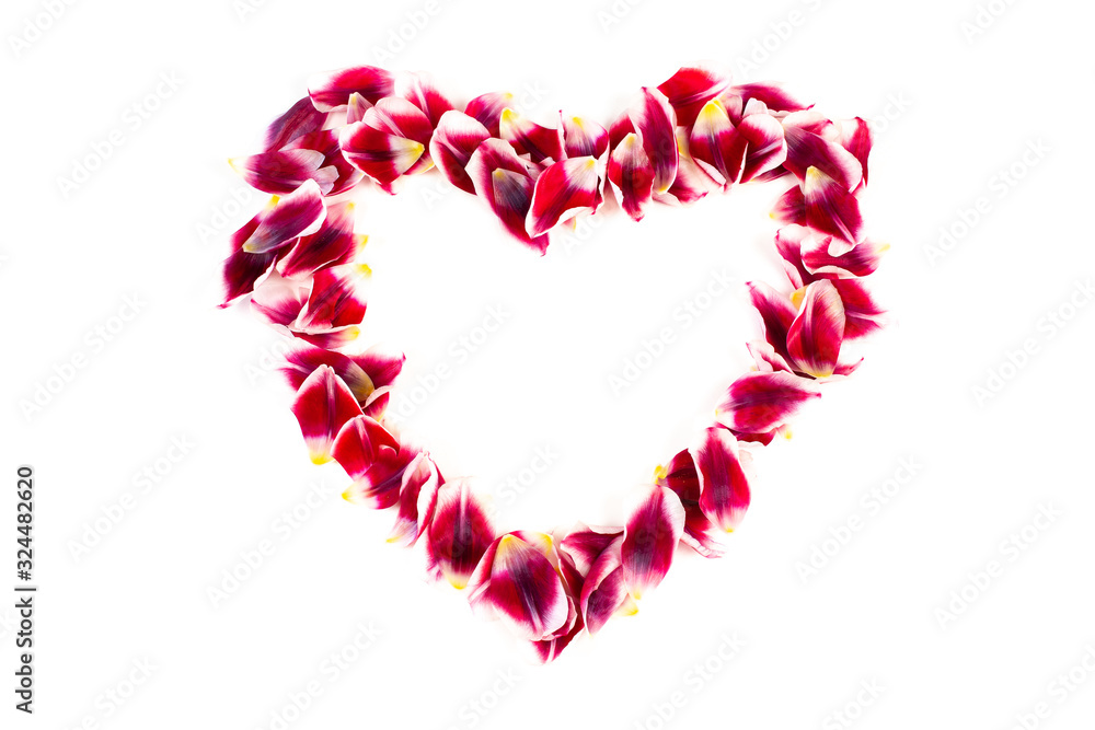 Romantic red open love heart made from flowers isolated on white background. Floral pattern.