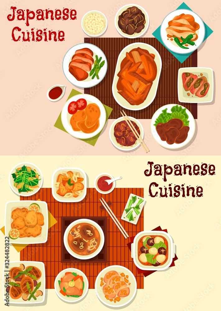 Japanese cuisine meat dishes with vegetables and Asian spices. Vector soups and stews with mushroom and eggs, chicken wings and giblets with ginger, soy and miso sauce, pork meatballs and bean salad
