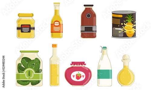 Canned Food Collection, Various Grocery Goods, Preserved Food in Sealed Cans and Jars Vector Illustration Isolated on White Background