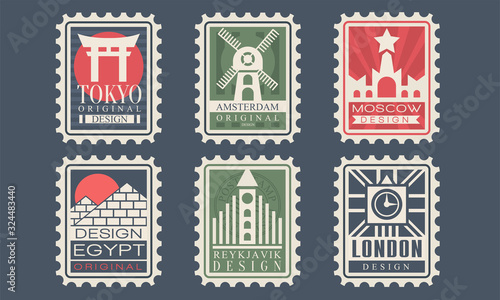Collection of City Stamps from Different Countries with Architectural Landmarks, Tokyo, Amsterdam, Moscow, Egypt, Reykjavik, London Vector Illustration