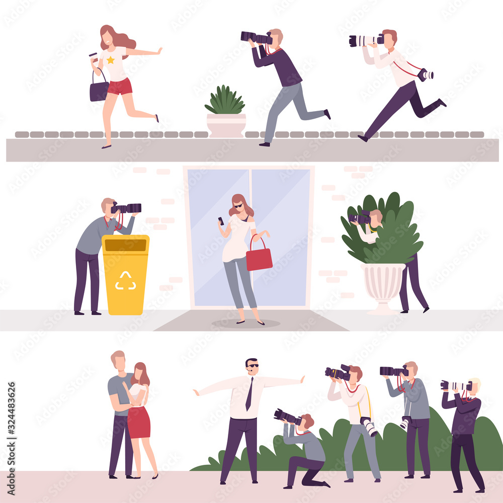 Fototapeta premium Collection of Paparazzi with Cameras Following Celebrities, Famous People Posing to Photographers at Movie Festival, Premiere, Ceremony Show Flat Vector Illustration
