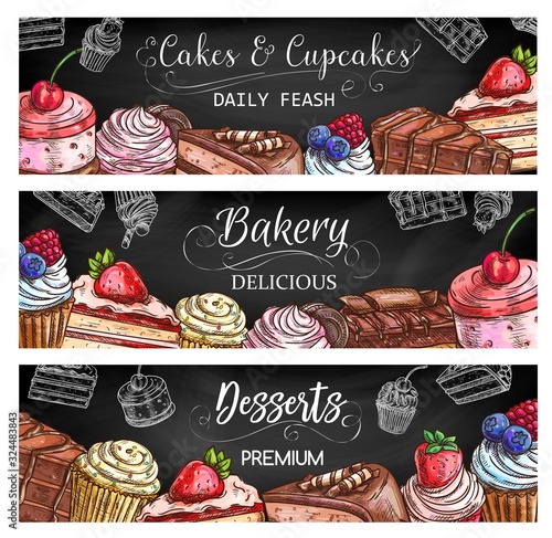 Bakery shop sweet desserts and cakes, pastry and patisserie vector sketch banners. Cakes and chocolate cupcakes with berry toppings, fruit souffle and waffle biscuits, brownie, tiramisu and cheesecake