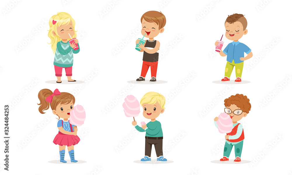 Fototapeta premium Collection of Cute Happy Boys and Girls Enjoying Eating Cotton Candy and Drinking Cocktails Vector Illustration on White Background