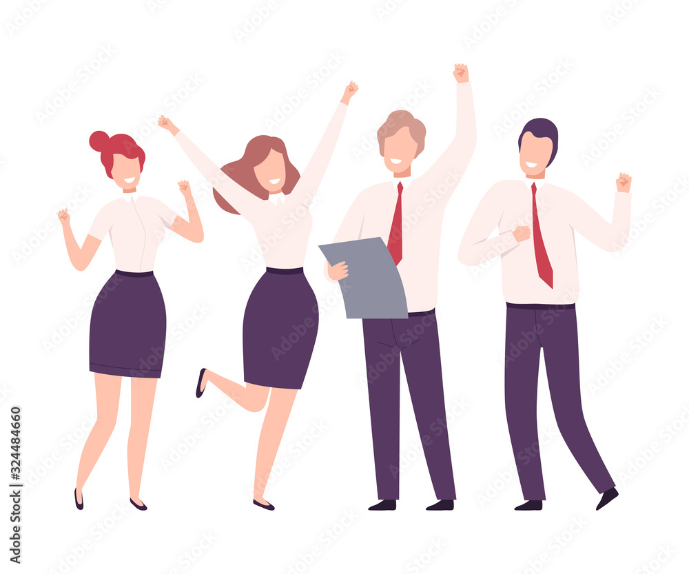 Obraz premium Business People Celebrating Victory, Employees Characters Dressed in Business Suits Standing with Their Hands Up Flat Vector Illustration