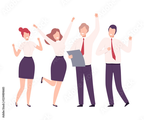 Business People Celebrating Victory, Employees Characters Dressed in Business Suits Standing with Their Hands Up Flat Vector Illustration
