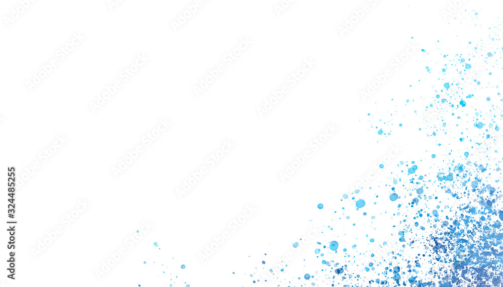 Abstract frame background drops of blue watercolor on white paper
