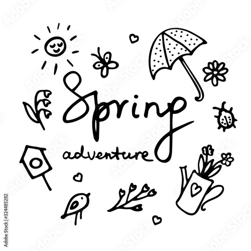 Spring adventure. Felt-tip pen hand drawn illustration. Cute doodle elemets for digital and print.