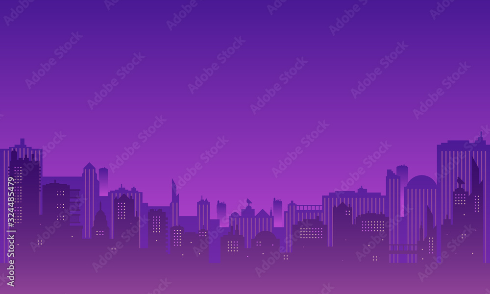 City silhouette with many tall buildings at night.