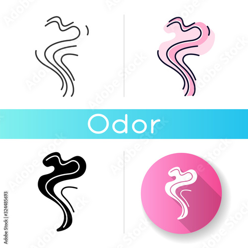 Odor icon. Perfume scent swirl. Good smell. Aroma air wave, fume. Smoke puff, steam curl. Aromatic fragrance flowing spirals. Linear black and RGB color styles. Isolated vector illustrations