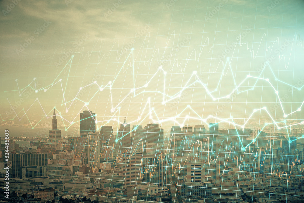 Forex graph on city view with skyscrapers background multi exposure. Financial analysis concept. Forex graph on city view with skyscrapers background multi exposure. Financial analysis concept.