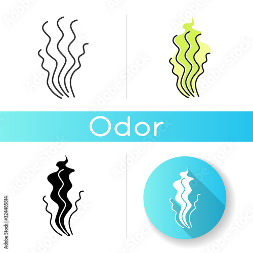 Bad smell icon. Stinky scent. Toxic gas, stench. Fragrance curves. Dirty air odor, emission. Fume swirls, evaporation malodor. Linear black and RGB color styles. Isolated vector illustrations