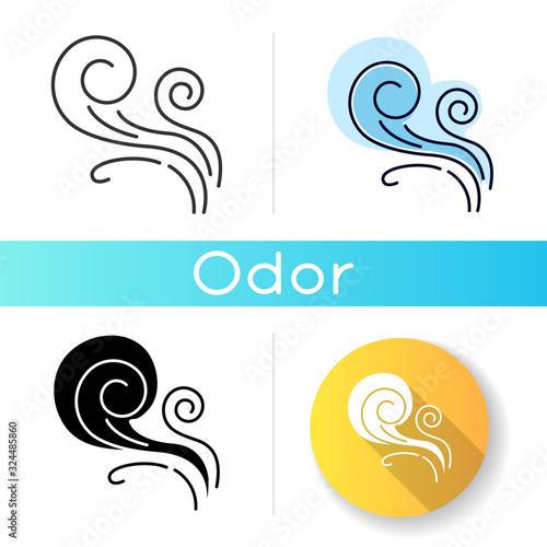 Wind whirl icon. Cold fresh air swirl. Whirlwind. Good smell, evaporation. Aromatic fragrance. Blowing wind spirals, fume. Linear black and RGB color styles. Isolated vector illustrations