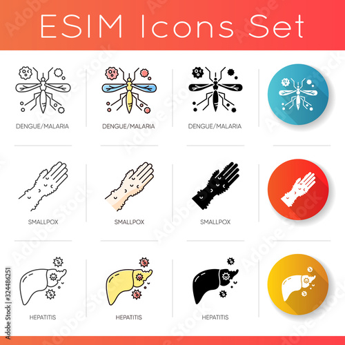 Contagious diseases icons set. Linear, black and RGB color styles. Malaria, smallpox and hepatitis viruses. Healthcare and medicine. Infectious illnesses Isolated vector illustrations