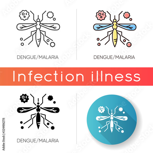 Dengue, malaria icon. Linear black and RGB color styles. Tropical infectious disease, dangerous mosquito borne illness. African blood sucking insect, pathogen carrier isolated vector illustrations