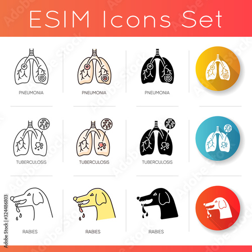 Viral diseases icons set. Linear, black and RGB color styles. Tuberculosis, rabies and pneumonia. Medical diagnosis, infectious illnesses. Bacterial infections isolated vector illustrations
