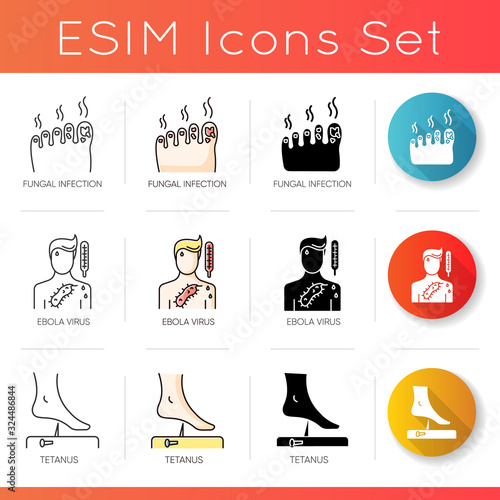 Infectious illnesses icons set. Linear, black and RGB color styles. Fungal infection, ebola virus and tetanus. Medical diagnosis. Bacterial infections isolated vector illustrations