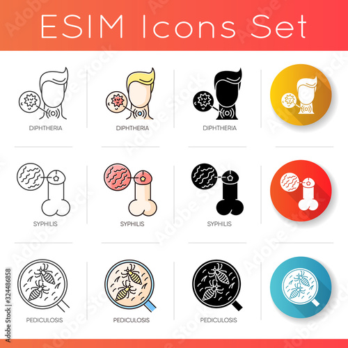 Contagious infections icons set. Linear, black and RGB color styles. Different infectious diseases. Diphtheria, syphilis and pediculosis. Various bacterial pathogens isolated vector illustrations