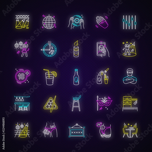 Night club neon light icons set. Entertainment venue, dancing and drinking establishment signs with outer glowing effect. Nightclub lifestyle, late night party. Vector isolated RGB color illustrations