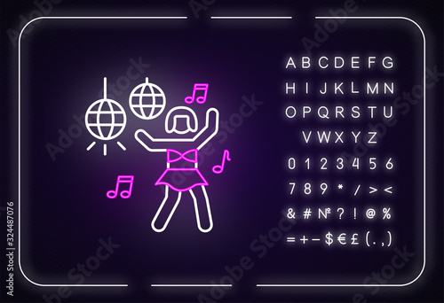 Go go dancer neon light icon. Outer glowing effect. Sign with alphabet, numbers and symbols. Night club leisure, rave party. Young clubber dancing in nightclub vector isolated RGB color illustration