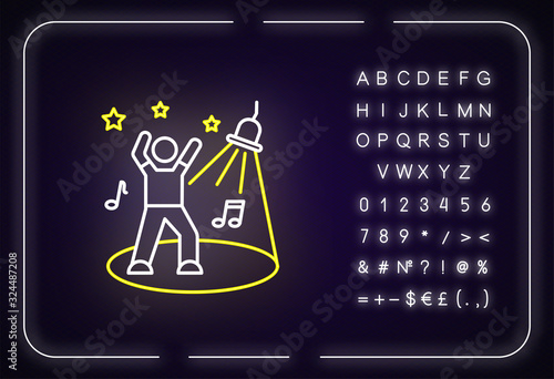 Discotheque neon light icon. Outer glowing effect. Sign with alphabet, numbers and symbols. Night club recreation. Young clubber dancing in spotlight vector isolated RGB color illustration