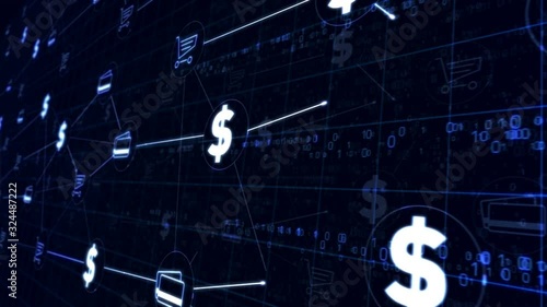 Modern concept of internet business, digital marketing, cyber shop, ecommerce, online shopping. Connection line cyber symbols 3d rendering animation. Loopable seamless futuristic digital background.