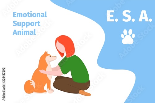 Emotional support animal concept. Girl with her dog. Service dog. Vector illustration for poster, banner, flyer.