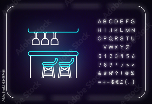 Bar counter neon light icon. Outer glowing effect. Sign with alphabet, numbers and symbols. Night club, bar, pub, drinking establishment furniture. Vector isolated RGB color illustration