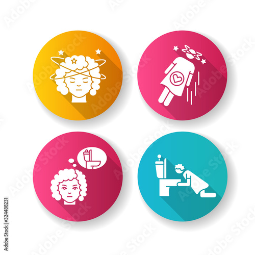 Early pregnancy symptom flat design long shadow glyph icons set. Lady with dizziness. Woman fainting. Frequent urination urge. Vomiting from nausea. Silhouette RGB color illustration