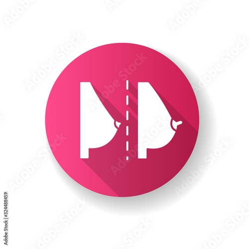 Breast and nipple change pink flat design long shadow glyph icon. Early symptom of pregnancy. Female anatomy. Swollen chest. Healthcare for women. Silhouette RGB color illustration