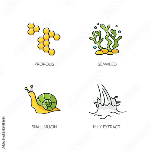 Cosmetic ingredient RGB color icons set. Propolis, honey comb. Seaweed underwater. Snail mucin. Milk extract. Cosmetology, dermatology. Natural component. Korean beauty. Isolated vector illustrations