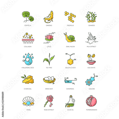 Cosmetic ingredient RGB color icons set. Propolis for royal honey. Exfoliating treatment. Collagen, ceramide. Chemical formulas. Cosmetology, dermatology. Korean beauty. Isolated vector illustrations