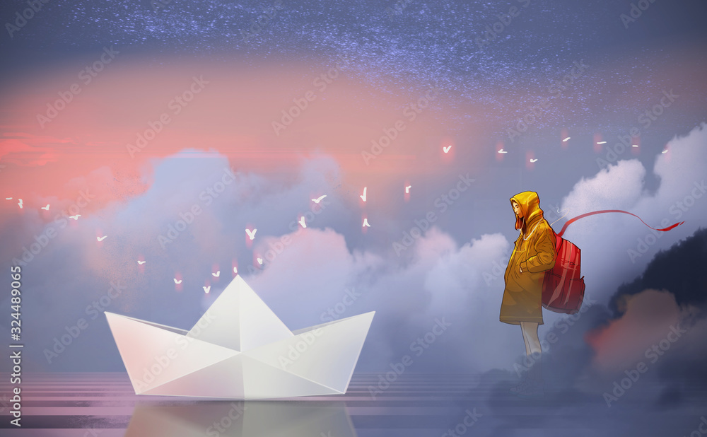 Digital illustration painting design style a cute girl in yellow hood standing beside the lake and looking to big paper boat, against mist in morning. - obrazy, fototapety, plakaty 