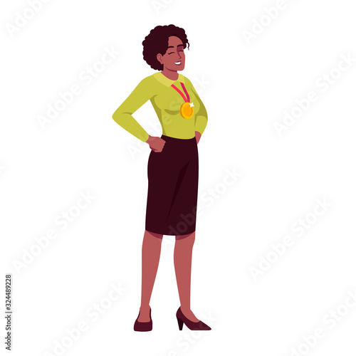 Professional achievements distinction semi flat RGB color vector illustration. Young woman with golden medal isolated cartoon character on white background. Best company worker concept