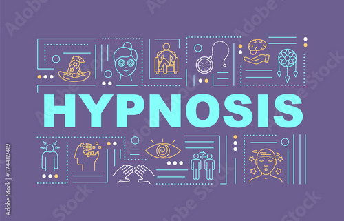 Hypnosis word concepts banner. Hypnotherapy. Subconsciousness. Infographics with linear icons on purple background. Isolated typography. Vector outline RGB color illustration