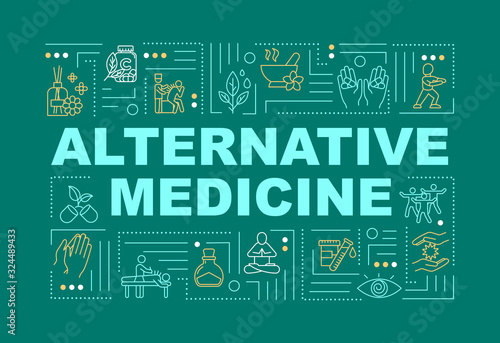 Alternative medicine word concepts banner. Complementary medical practice and technique. Infographics with linear icons on green background. Isolated typography. Vector outline RGB color illustration