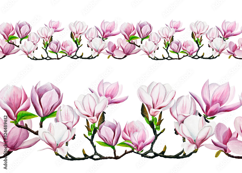 border. pink magnolia drawing. Hand-drawn magnolias in gouache. spring flowers on a branch. spring flowering gardens. design of cards, invitation. border. pink magnolia drawing. Hand-drawn magnolias in gouache. spring flowers on a branch. spring flowering gardens. design of cards, invitation.