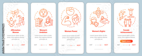 Women right onboarding mobile app page screen with concepts. Girls power, ambition and achievement walkthrough 5 steps graphic instructions. UI vector template with RGB color illustrations